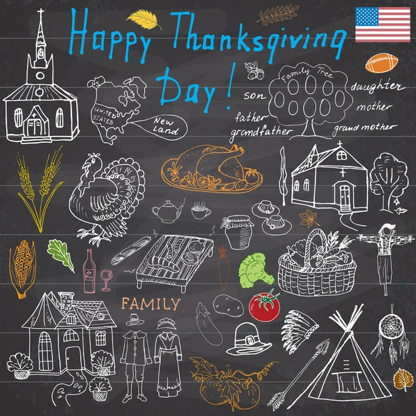 Thanksgiving doodles uppsättning. Traditionella symboler skiss samling, mat, drycker, Turkiet, pumpa, majs, vin, grönsaker, indianer och pilgrimer objekt, Frihand vektor teckningar och text på svarta tavlan — Stock vektor