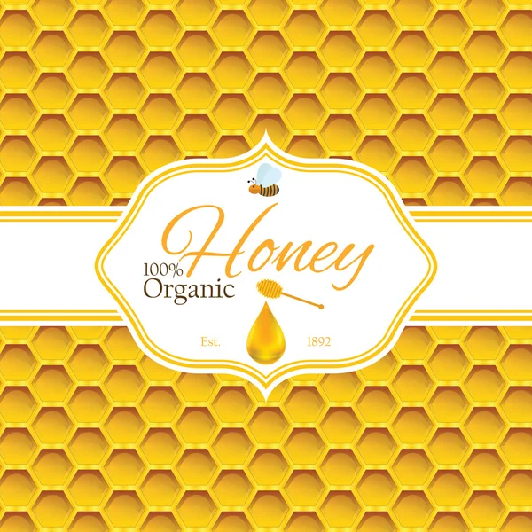 Πρότυπο ετικέτας μελιού για προϊόντα λογότυπου μελιού με μέλισσα και σταγόνα μελιού σε πολύχρωμο φόντο μελιού — Διανυσματικό Αρχείο
