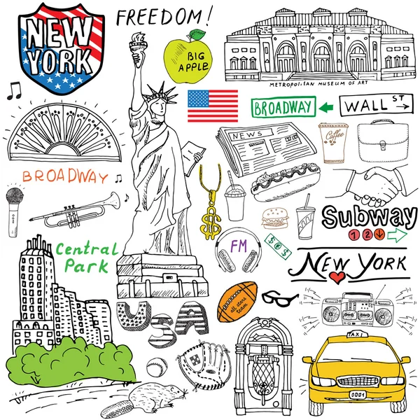 New York city doodles elements. Hand drawn set with, taxi, coffee, hotdog, statue of liberty, broadway, music, coffee, newspaper, museum, central park. Drawing doodle collection, isolated on white Vector Graphics
