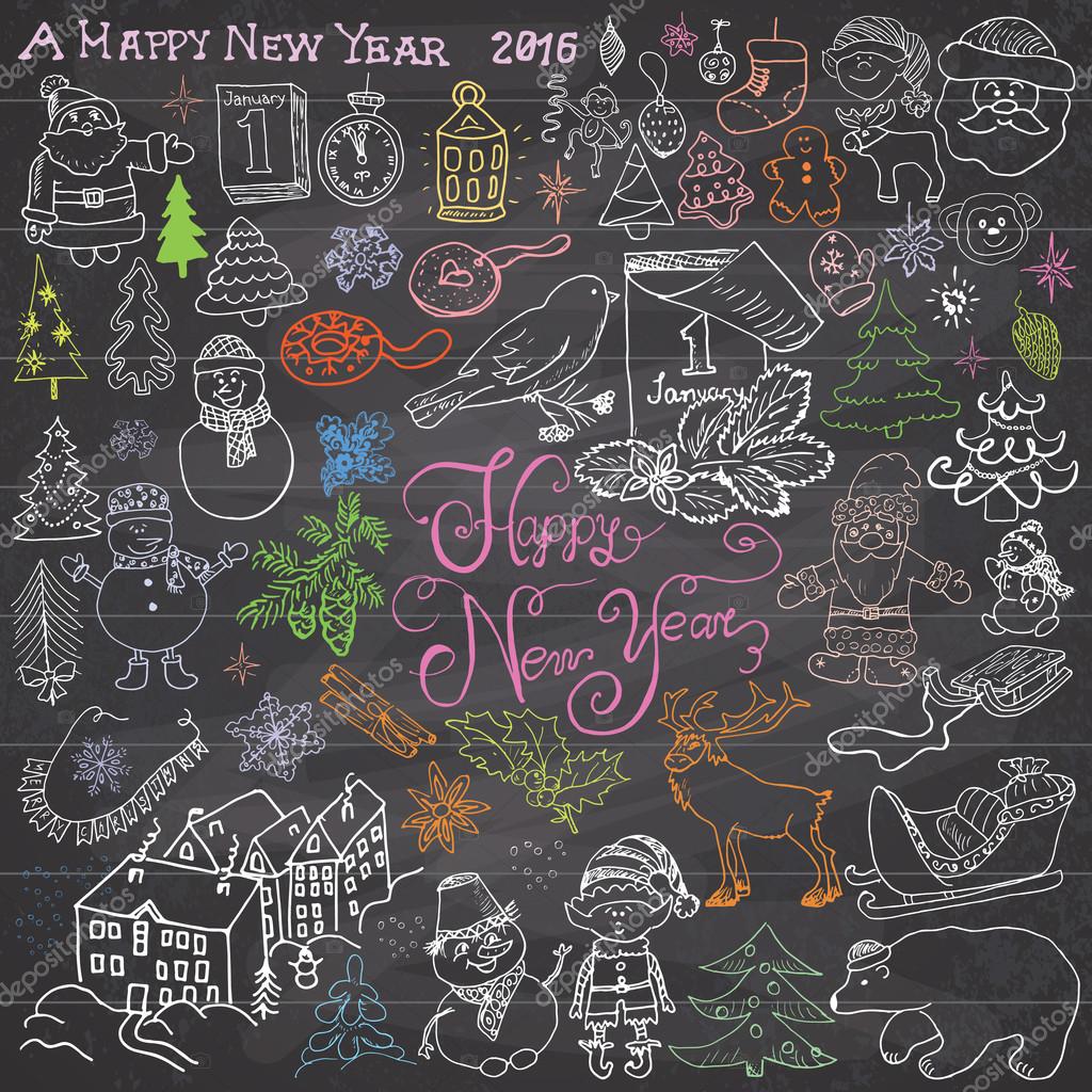 Hand drawn Sketch design of happy new year 2016 Doodles with Lettering set with christmas trees