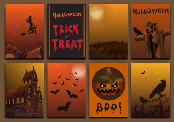 Halloween kaarten baners ontwerpen vector set met pompoen, heks, vleermuizen, scarecrow en spookhuis. — Stockvector