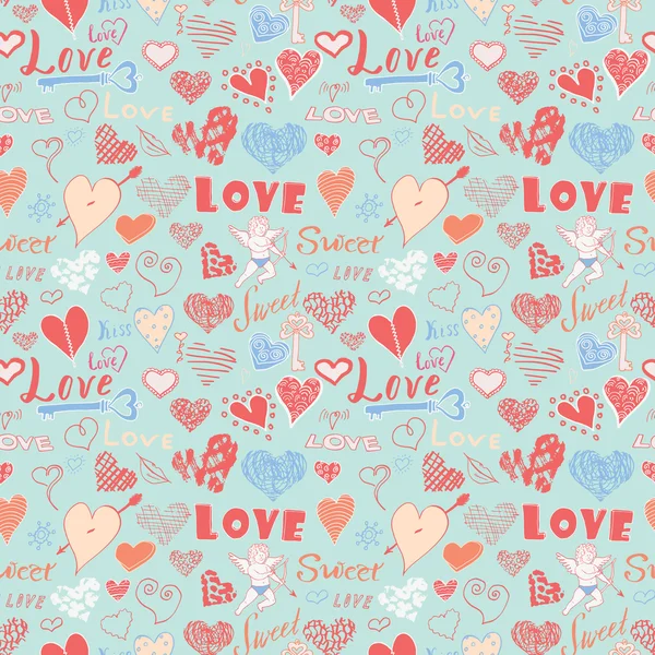 Valentines day hand drawn elements seamless pattern. Sketched doodle elements hearts symbols and lettering for wedding invitations, scrapbook, cards, posters. gift wraps. — Stock Vector