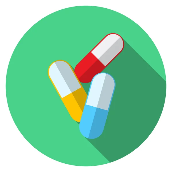 Diseño plano moderno vector ilustración de píldoras médicas icono con sombra larga, aislado — Vector de stock