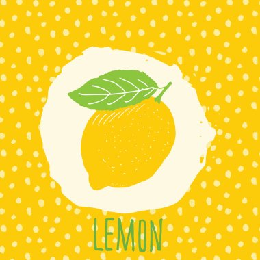 Lemon hand drawn sketched fruit with leaf on yellow background with dots pattern. Doodle vector lemon for logo, label, brand identity. clipart