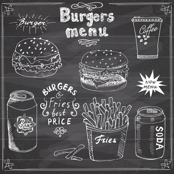 Burger Menu esboço desenhado à mão. Cartaz de Fastfood com hambúrguer, cheeseburger, paus de batata, lata de refrigerante, caneca de café e lata de cerveja. Ilustração vetorial com letras, em Chalkboard —  Vetores de Stock