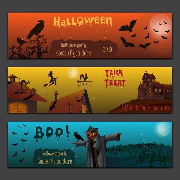 Halloween kaarten baners ontwerpen vector set met pompoen, heks, vleermuizen, scarecrow en spookhuis. — Stockvector