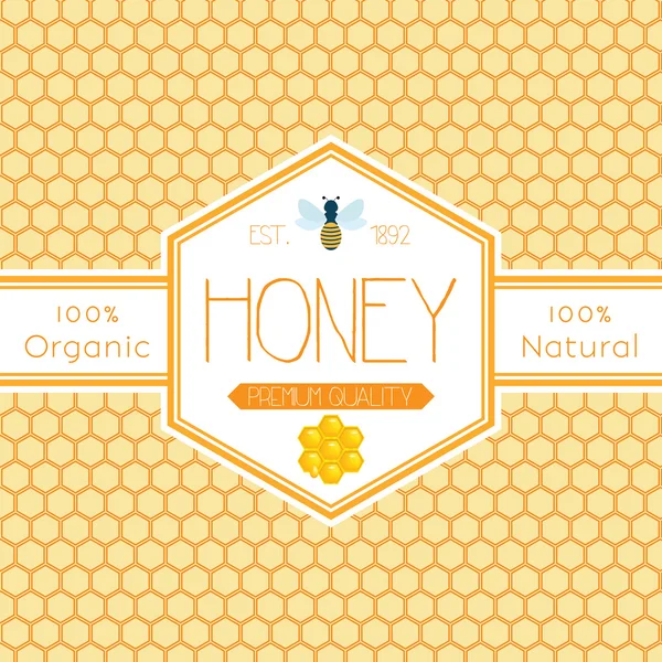 Modello di etichetta miele per miele logo prodotti con ape e goccia di miele su sfondo modello a nido d'ape colorata — Vettoriale Stock