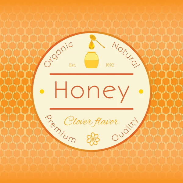 Honey label template for honey logo products with bee and drop of honey on Honeycomb colorfull pattern background — Stock Vector