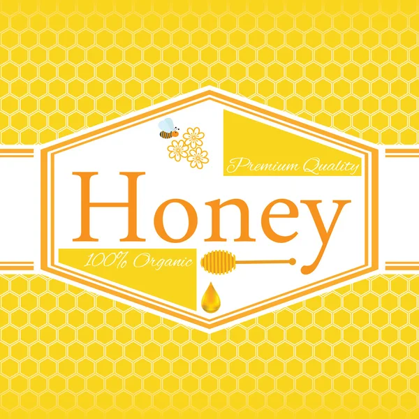Plantilla de etiqueta de miel para productos con logotipo de miel con abeja y gota de miel sobre fondo de patrón colorido Honeycomb — Vector de stock