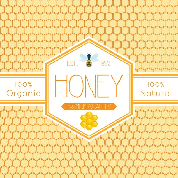 Honey label template for honey logo products with bee and drop of honey on Honeycomb colorfull pattern background — Stock Illustration Honey label template for honey logo products with bee and drop of honey on Honeycomb colorfull pattern background Royalty Free Stock Vectors