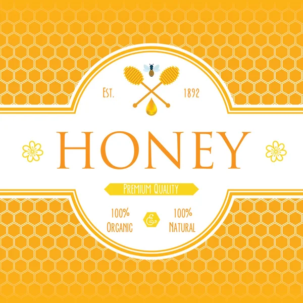 Honey label template for honey logo products with bee and drop of honey on Honeycomb colorfull pattern background — Stock Illustration Honey label template for honey logo products with bee and drop of honey on Honeycomb colorfull pattern background Stock Illustration