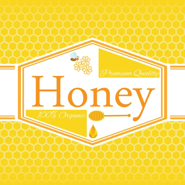 Honey label template for honey logo products with bee and drop of honey on Honeycomb colorfull pattern background — Stock Illustration Honey label template for honey logo products with bee and drop of honey on Honeycomb colorfull pattern background Stock Vector