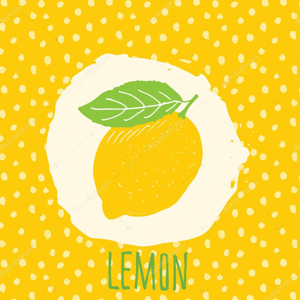 Lemon hand drawn sketched fruit with leaf on yellow background with dots pattern. Doodle vector lemon for logo, label, brand identity.