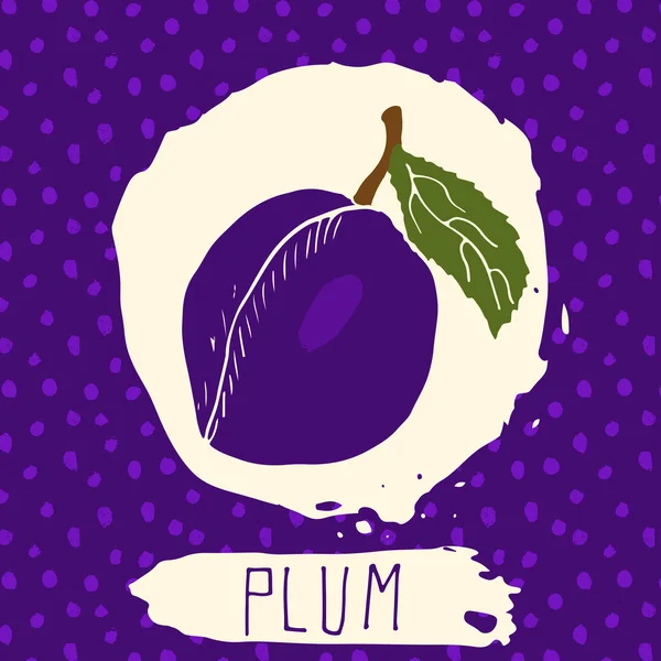 Plum hand drawn sketched fruit with leaf on background with dots pattern. Doodle vector plum for logo, label, brand identity. — Stockvector