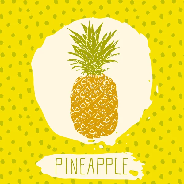 Pineapple hand drawn sketched fruit with leaf on blue background with dots pattern. Doodle vector pineapple for logo, label, brand identity. — Stock Vector