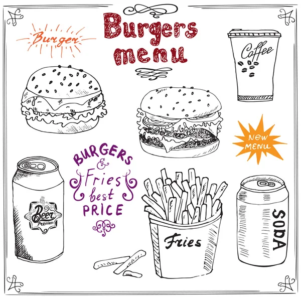 Burger Menu bosquejo dibujado a mano. Cartel de comida rápida con hamburguesa, hamburguesa con queso, palitos de patata, lata de refrescos, taza de café y lata de cerveza. Ilustración vectorial con letras, aislada — Vector de stock