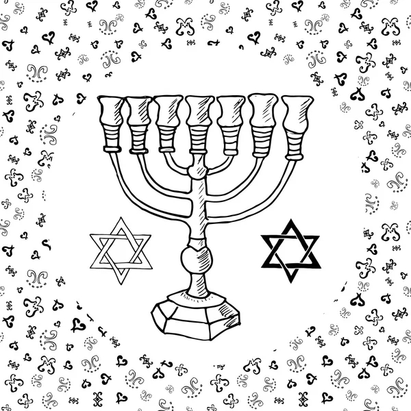 Hand drawn sketch of menorah traditional Jewish religious symbols, Rosh Hashanah, Hanukkah, Shana Tova, vector illustration on ornamental pattern. — Stock vektor