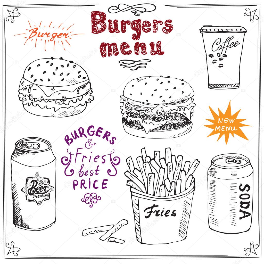 Burger Menu hand drawn sketch. Fastfood Poster with hamburger, cheeseburger, potato sticks, soda can, coffee mug and beer can. Vector illustration with lettering, isolated.
