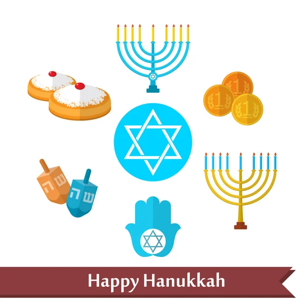 Happy Hanukkah flat vector icons set with dreidel game, coins, hand of Miriam, palm of David, star of David, menorah, traditional food, torah and other traditional items — 图库矢量图片