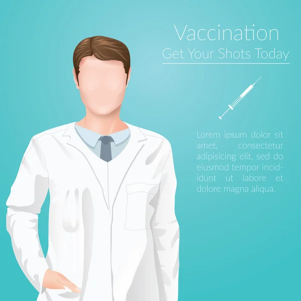 Ilustração do vetor de vacinação, rosto menos homem médico, em um uniforme médico em fundo azul —  Vetores de Stock