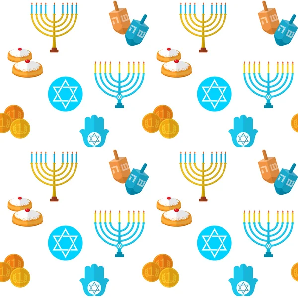 Joyeux Hanoukka vecteur motif sans couture, avec jeu de dreidel, pièces, main de Miriam, paume de David, étoile de David, menorah, nourriture traditionnelle, torah et autres articles traditionnels — Image vectorielle