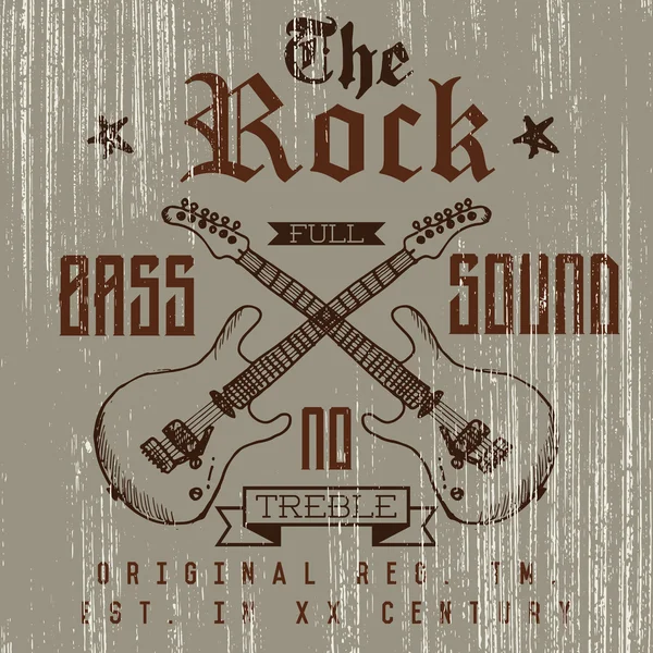 T-shirt Design d'impression, graphismes typographiques, illustration vectorielle de son de basse pleine Rock avec croquis croisés de guitares dessinés à la main. Badge Applique Étiquette — Image vectorielle