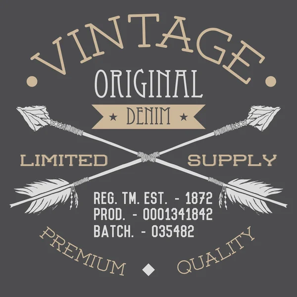 Дизайн футболки Печать, типографская графика, винтажная оригинальная джинсовая векторная иллюстрация со скрещенными стрелками ручной работы. Знак аппликации в стиле ретро — стоковый вектор
