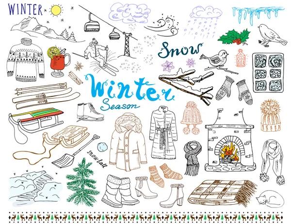 Sezon zimowy zestaw elementów gryzmoły. Ręcznie rysowane zestaw szkła grzaniec, buty, ubrania, kominek, góry, narciarski i sladge, ciepły koc, skarpetki i kapelusze i napis słowami. Zestaw rysunków, na białym tle — Wektor stockowy