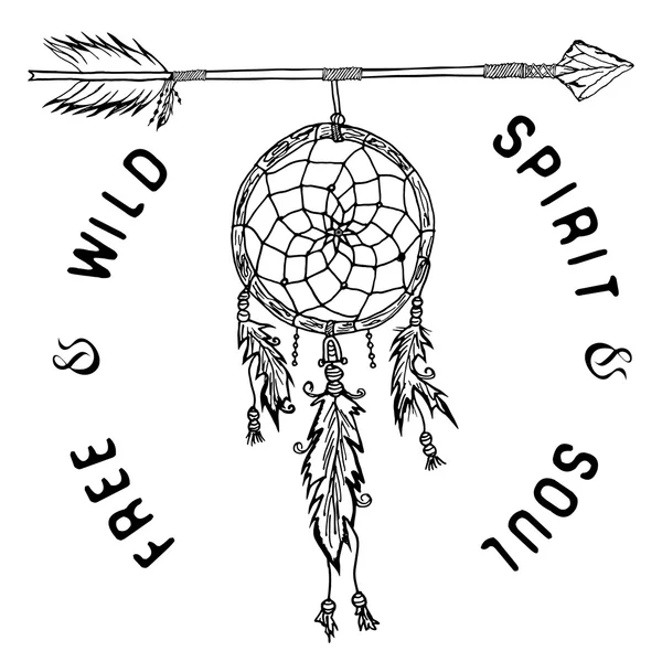 Dream catcher and arrow, tribal legend in Indian style with traditional headgeer. dreamcatcher with bird feathers and beads. Vector illustration, letters Free and Wild spirit and soul. isolated Vector Graphics