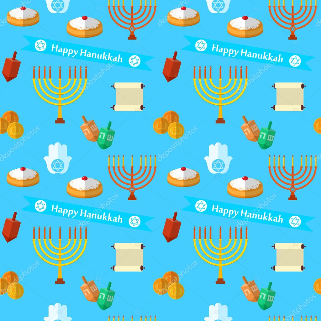 Happy Hanukkah vector seamless pattern, with dreidel game, coins, hand of Miriam, palm of David