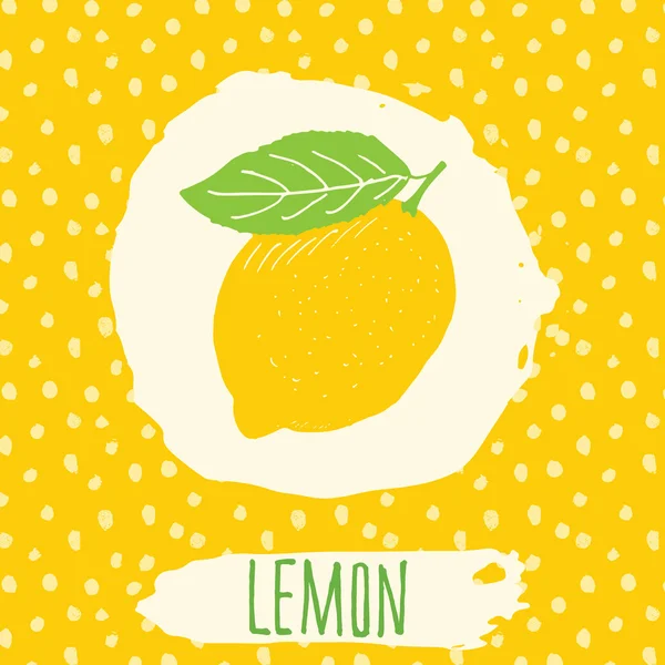 Lemon tangan digambar buah sketsa dengan daun di latar belakang kuning dengan pola titik-titik. Doodle vektor lemon untuk logo, label, identitas merek . - Stok Vektor