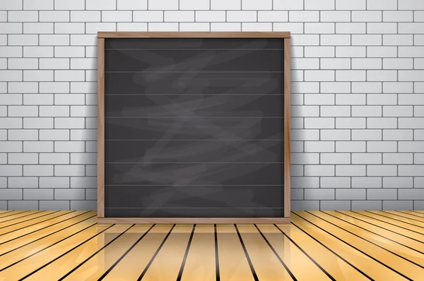 Bespotten voor presentatie ingelijst uithangbord permanent op glanzende houten vloer, schoolbord houten frame — Stockvector