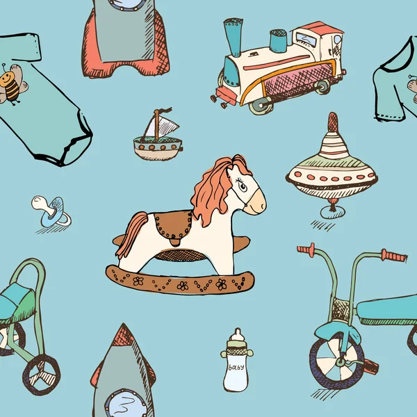 Μωρό, παιδί παιχνίδια χέρι συντάσσονται στοιχεία χωρίς ραφή πρότυπο. Skeched doodle στοιχεία τρένο, ποδήλατο, άλογο, ρόκα και παιχνίδι πλοίο. — Διανυσματικό Αρχείο