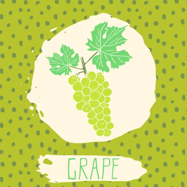 Grape hand drawn sketched fruit with leaf on background with dots pattern. Doodle vector grape for logo, label, brand identity — Stock Vector