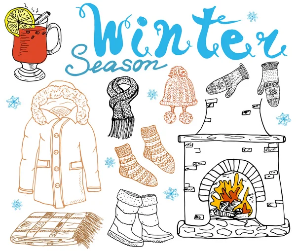 Winter season set doodles elements. Hand drawn set with glass of hot wine, boots, clothes, fireplace, warm blanket, socks and hat, and lettering words. Drawing set isolated on white — Stockový vektor