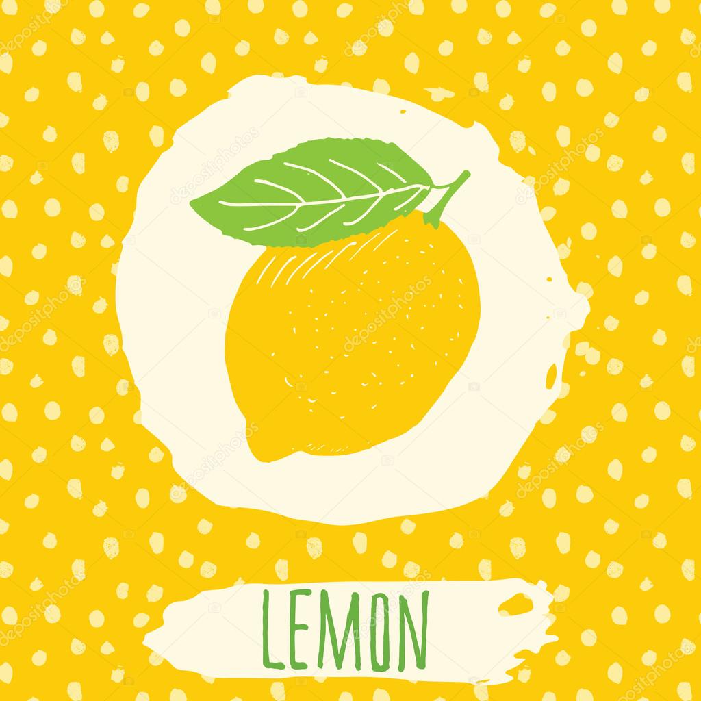 Lemon hand drawn sketched fruit with leaf on yellow background with dots pattern. Doodle vector lemon for logo, label, brand identity.