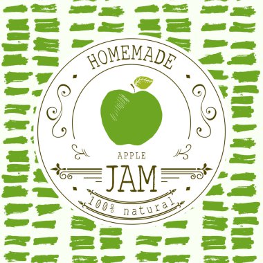 Jam label design template. for apple dessert product with hand drawn sketched fruit and background. Doodle vector apple illustration brand identity clipart