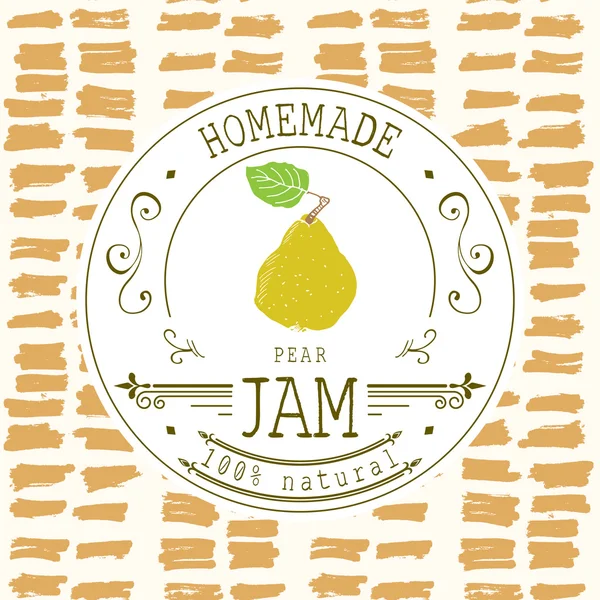 Jam label design template. for pear dessert product with hand drawn sketched fruit and background. Doodle vector pear illustration brand identity — 图库矢量图片