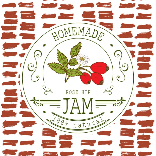 Jam label design template. for Rose hip dessert product with hand drawn sketched fruit and background. Doodle vector Rose hip illustration brand identity — 스톡 벡터