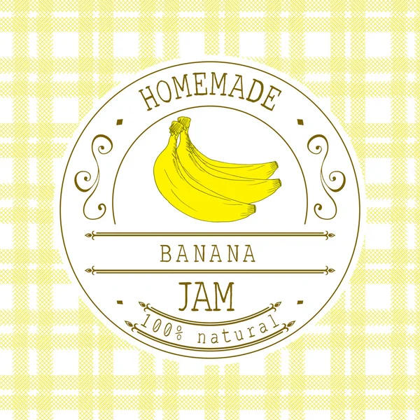 Modèle de conception d'étiquette de confiture. pour dessert à la banane avec fruits croquis dessinés à la main et fond. Doodle vecteur Banane illustration marque identité — Image vectorielle
