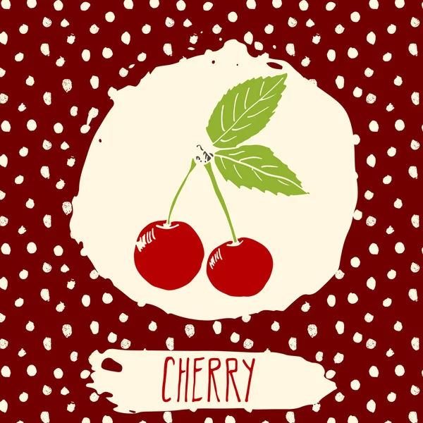 Cherry hand drawn sketched fruit with leaf on background with dots pattern. Doodle vector cherry for logo, label, brand identity — Stock Vector