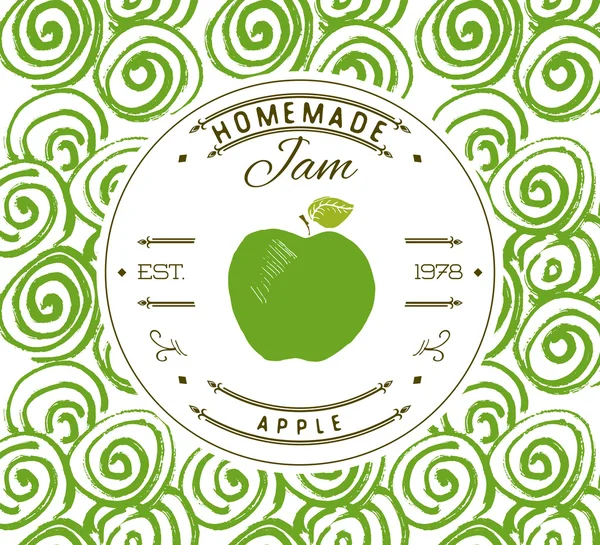 Plantilla de diseño de etiqueta de mermelada. para postre de manzana producto con fruta dibujada a mano y fondo. Doodle vector manzana ilustración identidad de marca — Vector de stock