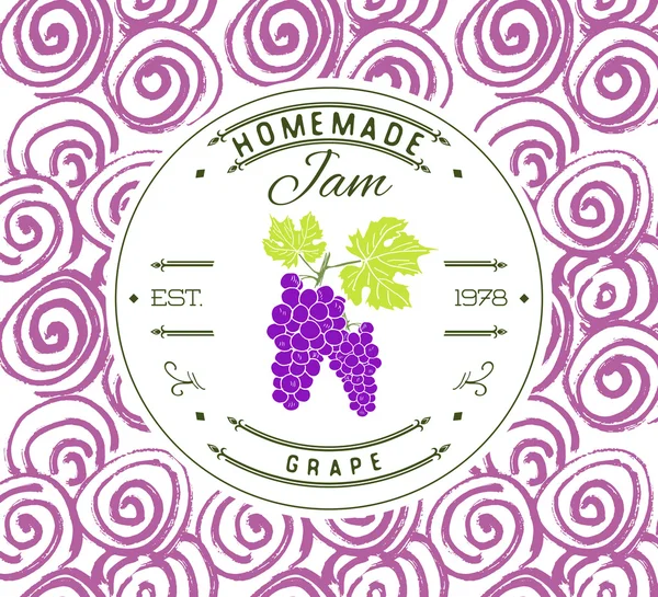 Jam label design template. for grape dessert product with hand drawn sketched fruit and background. Doodle vector Grape illustration brand identity — Stock Vector