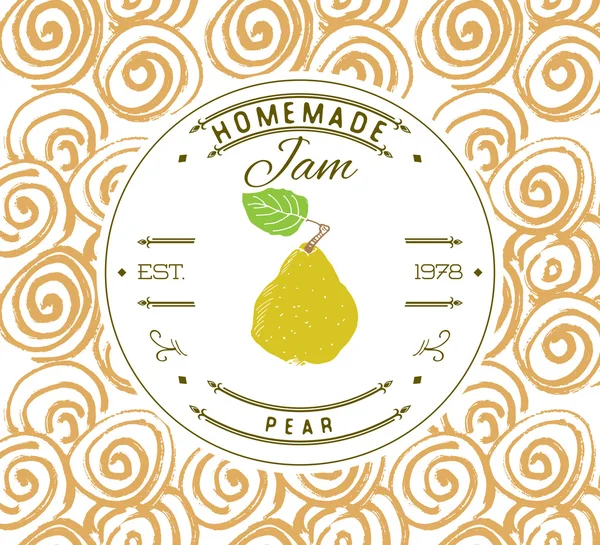 Jam label design template. for pear dessert product with hand drawn sketched fruit and background. Doodle vector pear illustration brand identity — Stockvector