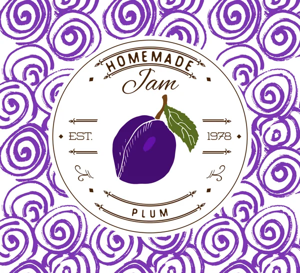 Modello di design etichetta marmellata. per dessert di prugne con frutta e sfondo disegnati a mano. Doodle vettore prugna illustrazione brand identity — Vettoriale Stock