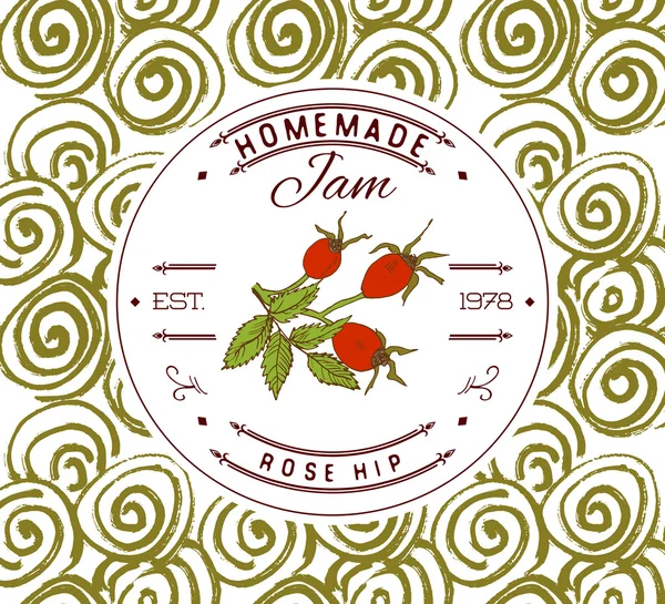 Шаблон дизайну етикетки Jam. для десертного продукту з хіп-хоп троянди з намальованими вручну фруктами та фоном. Doodle Вектор Роуз хіп ілюстрація фірмовий стиль — стоковий вектор