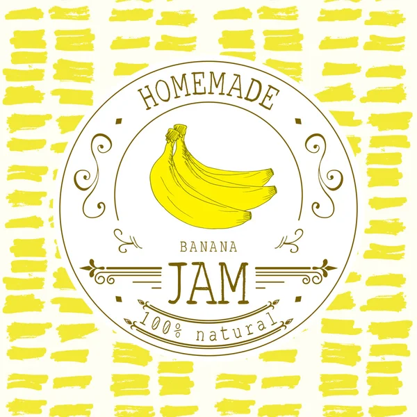 Plantilla de diseño de etiqueta de mermelada. para el postre de plátano con fruta dibujada a mano y fondo. Doodle vector Banana ilustración identidad de marca — Vector de stock