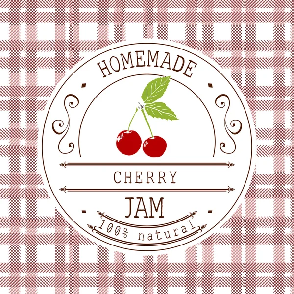 Jam label design template. for cherry dessert product with hand drawn sketched fruit and background. Doodle vector cherry illustration brand identity — Διανυσματικό Αρχείο