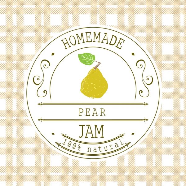 Plantilla de diseño de etiqueta de mermelada. para postre de pera producto con fruta dibujada a mano y fondo. Doodle vector pear illustration identidad de marca — Vector de stock