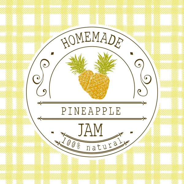 Plantilla de diseño de etiqueta de mermelada. para el producto de postre de piña con fruta dibujada a mano y fondo. Doodle vector piña ilustración identidad de marca — Vector de stock